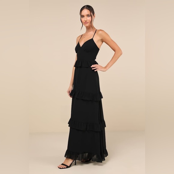 Lulus Captivating Class Black Ruffled Tiered Lace-Up Maxi Dress Size Large - Picture 3 of 5